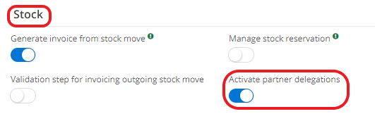 1.1 How to enable the option Activate partner delegations? Access: Application config → Apps management → Supplychain, configure → click on the option Activate partner delegations.